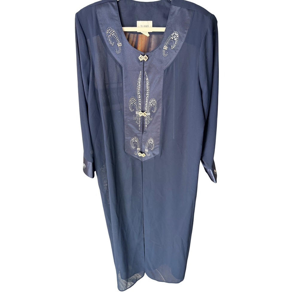 Y-Land Vintage Navy Blue Rhinestone Kaftan Maxi Dress Size L